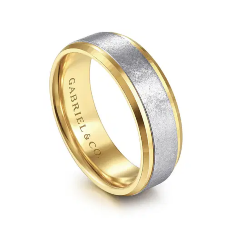 14K Two-Tone Gold 7mm – Diamond Scratch Beveled Men’s Wedding Band Gabriel 19