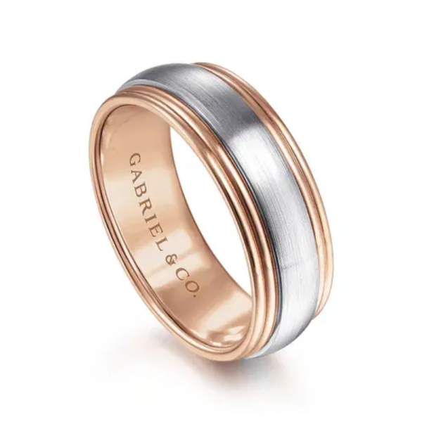 14K Two-Tone Gold 8mm - Satin Finish Grooved Men's Wedding Band - Image 6