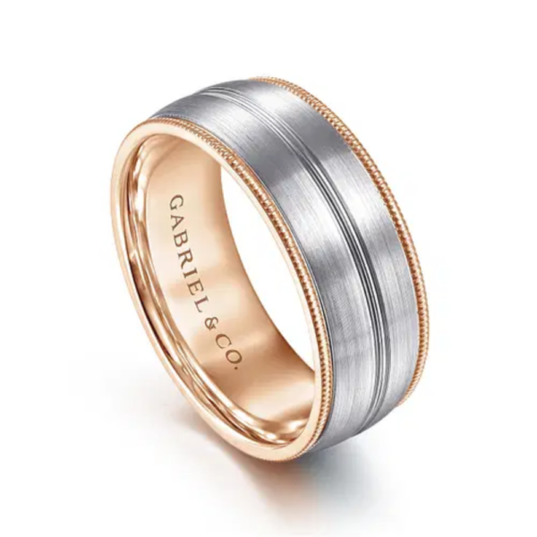 14K Two-Tone Gold 8mm - Grooved Center Milgrain Men's Wedding Band - Image 6