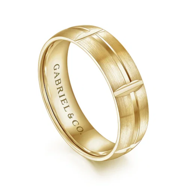 14K Gold 6mm – Satin Carved Station Men’s Wedding Band Gabriel 18