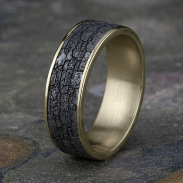 14K Gold and Tantalum 7.5mm - Rock Wall Men's Wedding Band - Image 9