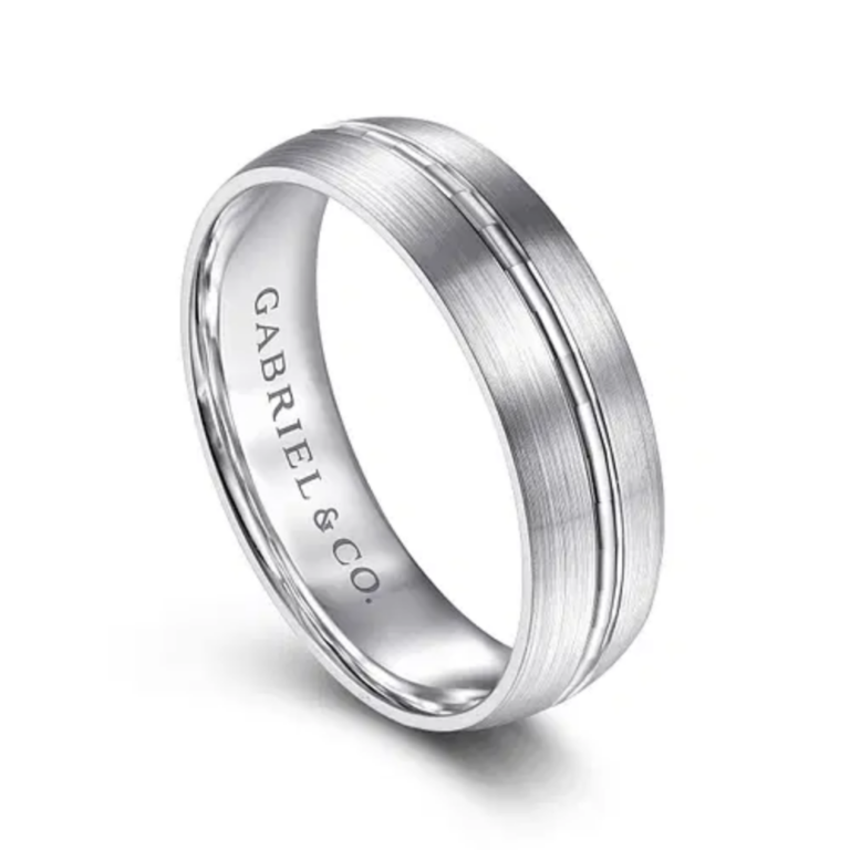 14K Gold 6mm – Satin Finish Diamond Cut Center Groove Men’s Wedding Band Gabriel 23