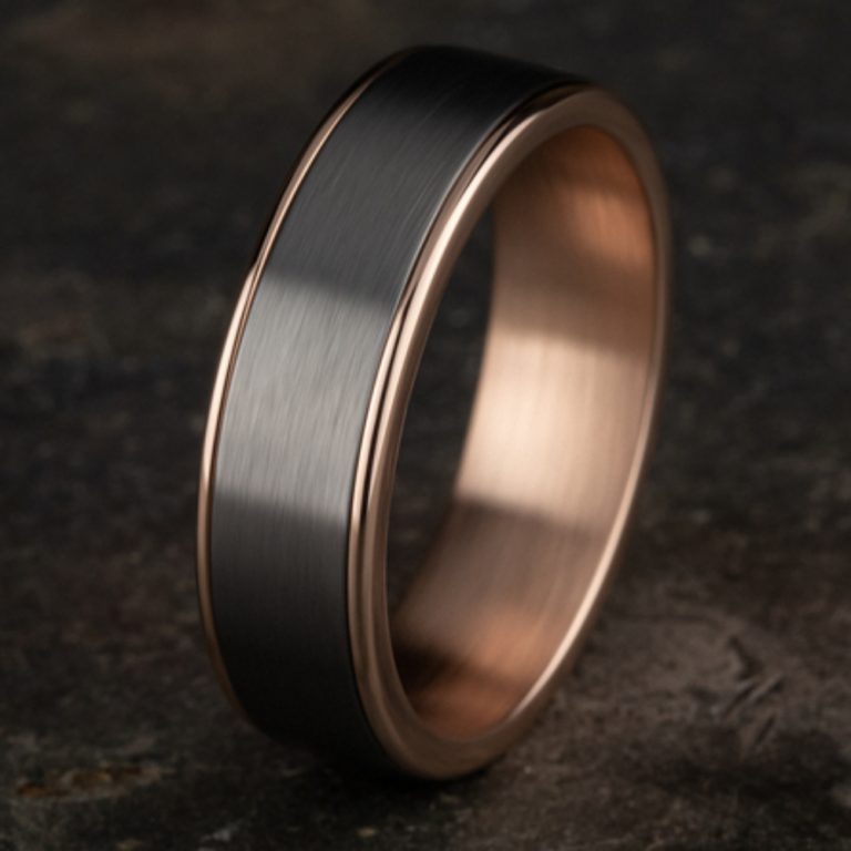 14K Gold and Tantalum 6.5mm – Satin Men’s Wedding Band Ammara Stone 39