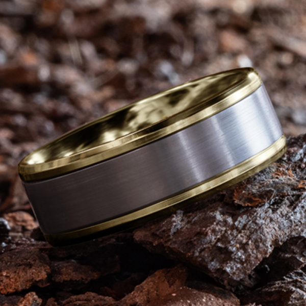 14K Gold and Tantalum 7mm - Satin Beveled Men's Wedding Band - Image 11