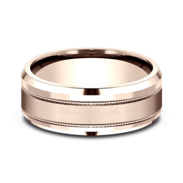 14K Gold 8mm – Satin Milgrain Men’s Wedding Band Benchmark 58