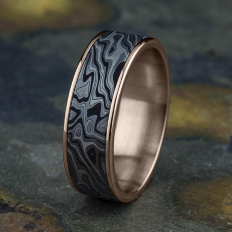 14K Gold and Tantalum 7.5mm – Mokume Men’s Wedding Band Ammara Stone 47