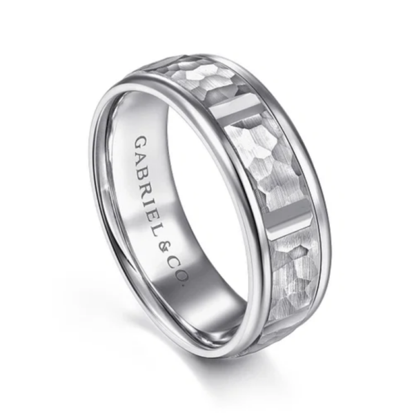 14K Two-Tone Gold 7mm - Hammered Station Men's Wedding Band - Image 10