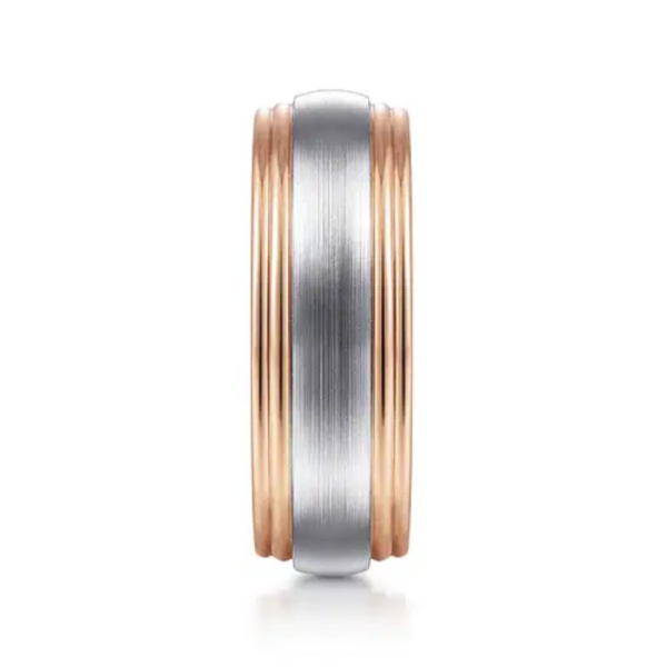 14K Two-Tone Gold 8mm - Satin Finish Grooved Men's Wedding Band - Image 8