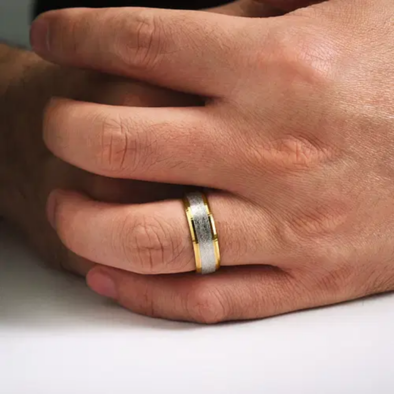14K Two-Tone Gold 7mm – Diamond Scratch Beveled Men’s Wedding Band Gabriel 26