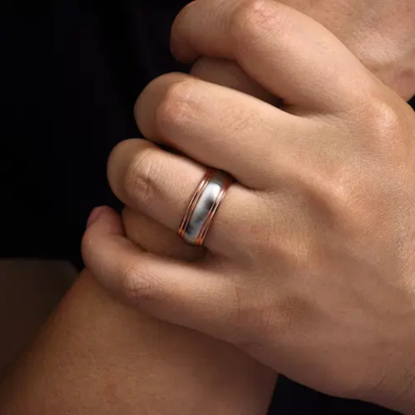 14K Two-Tone Gold 8mm - Satin Finish Grooved Men's Wedding Band - Image 13