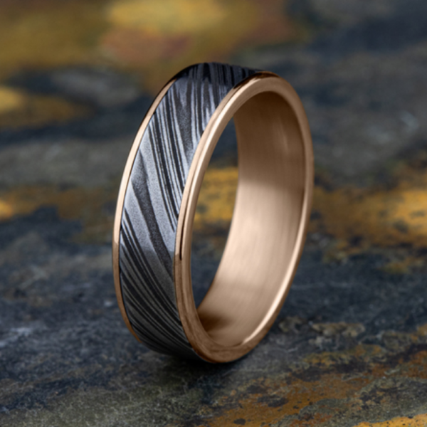 14K Gold and Damascus Steel 6.5mm - Men's Wedding Band - Image 9