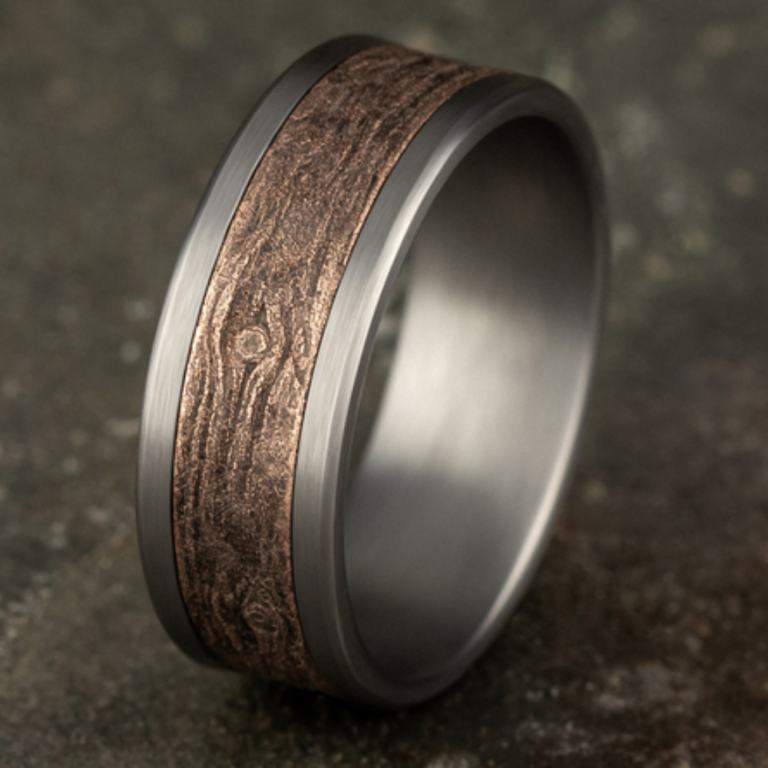 14K Gold and Tantalum 8mm – Wood Pattern Men’s Wedding Band Ammara Stone 24
