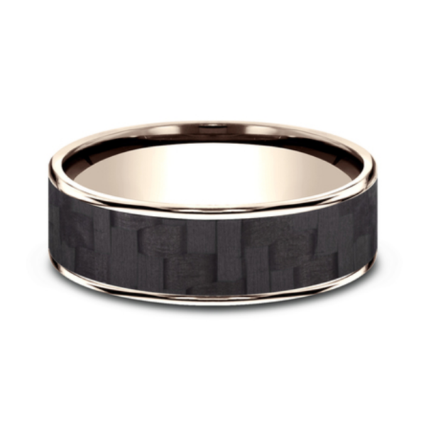 14K Gold and Carbon Fiber 6.5mm - Twilled Men's Wedding Band - Image 4