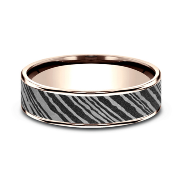 14K Gold and Damascus Steel 6.5mm - Men's Wedding Band - Image 7