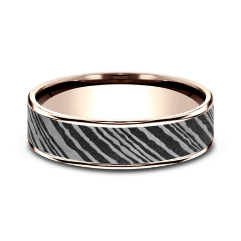 14K Gold and Damascus Steel 6.5mm – Men’s Wedding Band Ammara Stone 37