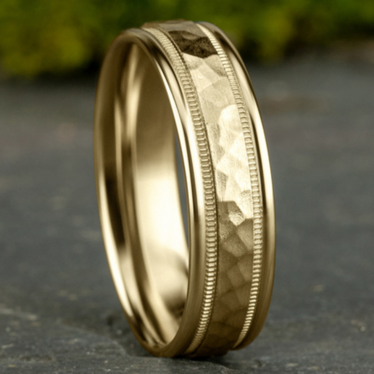 14K Gold 6.5mm – Hammer Milgrain Men’s Wedding Band Benchmark 18