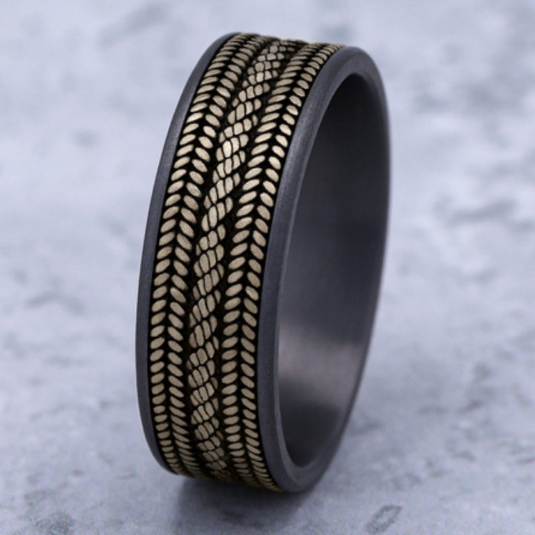 14K Gold and Tantalum 7.5mm – Rope Men’s Wedding Band Ammara Stone 30