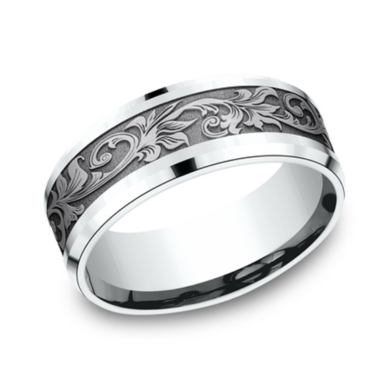 14K Gold and Tantalum 8mm – Vintage Script Men’s Wedding Band Benchmark 11