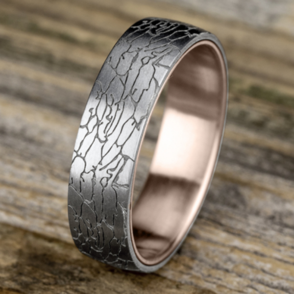 14K Two-Tone Gold 6.5mm - Fractured Rock Men's Wedding Band - Image 3