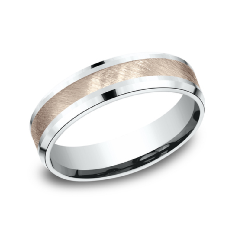 14K Two-Tone Gold 6mm – Diagonal Satin Men’s Wedding Band Benchmark 14