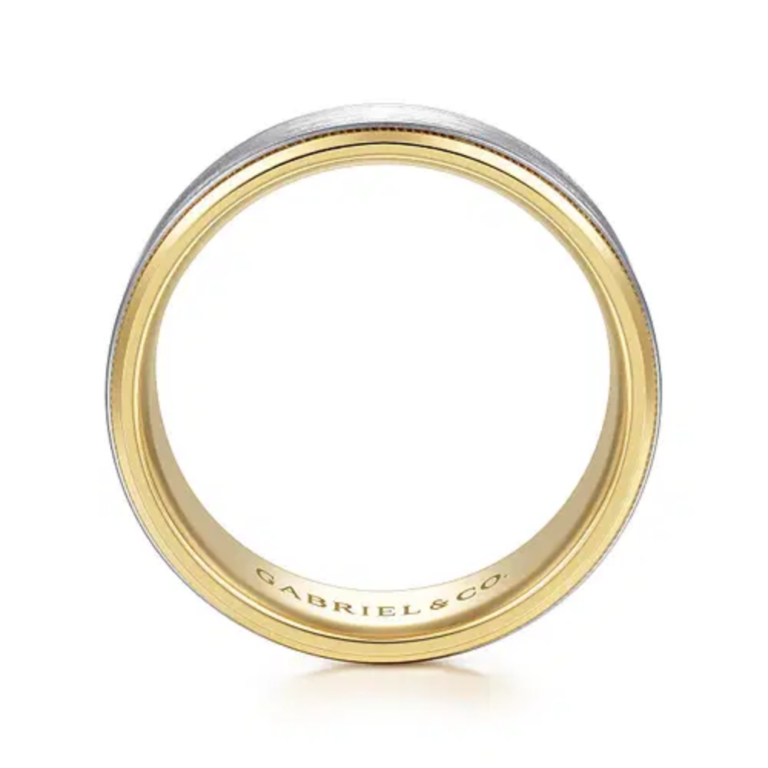 14K Two-Tone Gold 8mm – Satin Finish Milgrain Beveled Men’s Wedding Band Gabriel 20