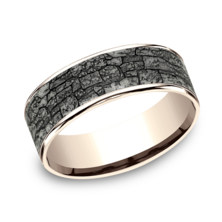 14K Gold and Tantalum 7.5mm – Rock Wall Men’s Wedding Band Ammara Stone 12