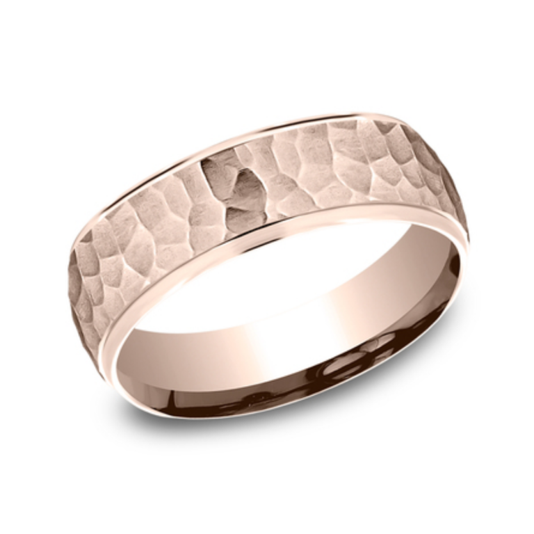 14K Gold 6.5mm – Hammered Men’s Wedding Band Benchmark 17