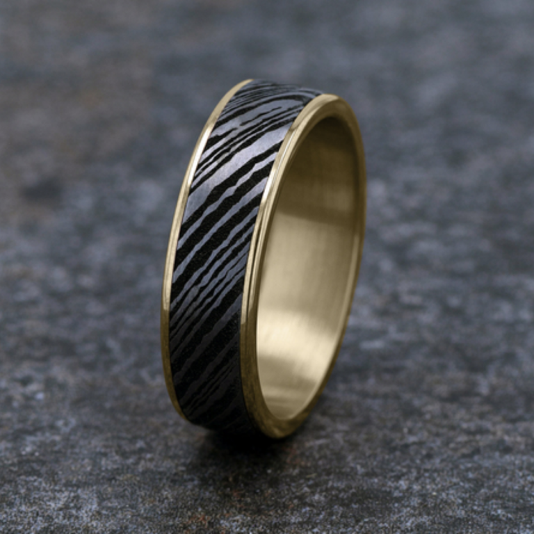 14K Gold and Damascus Steel 6.5mm – Men’s Wedding Band Ammara Stone 33
