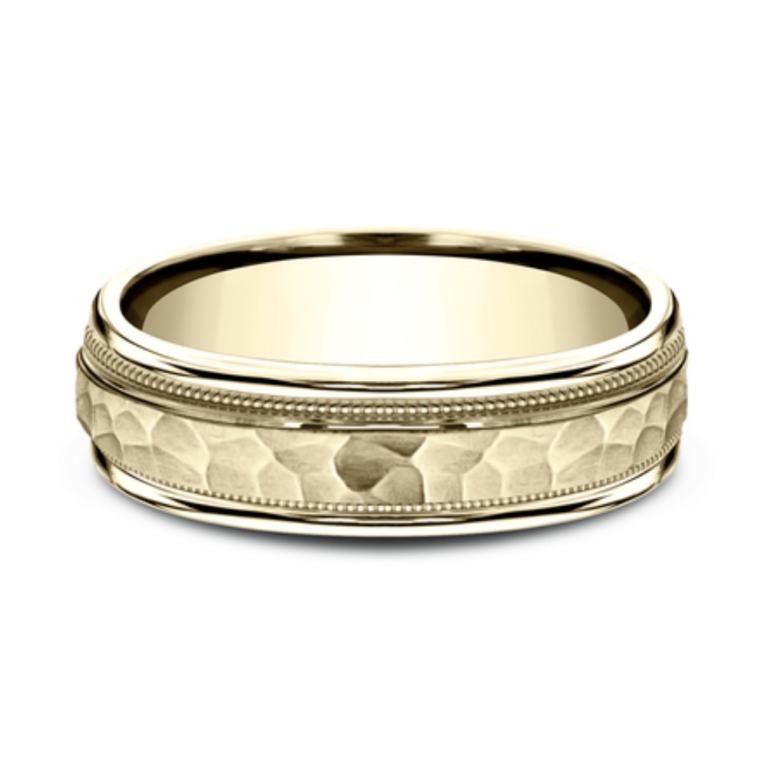 14K Gold 6.5mm – Hammer Milgrain Men’s Wedding Band Benchmark 16
