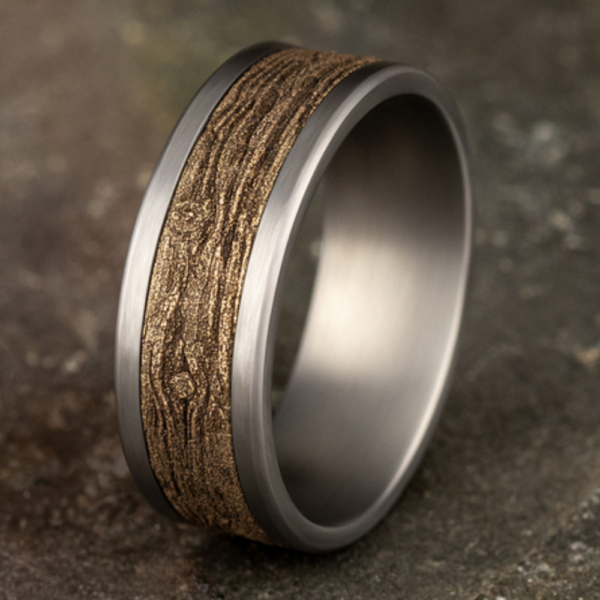 14K Gold and Tantalum 8mm - Wood Pattern Men's Wedding Band - Image 7