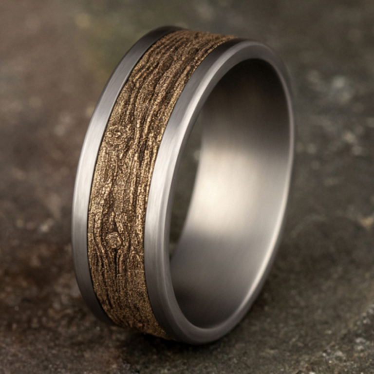 14K Gold and Tantalum 8mm – Wood Pattern Men’s Wedding Band Ammara Stone 19