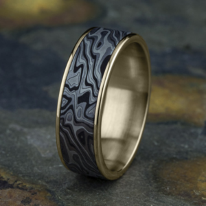 14K Gold and Tantalum 7.5mm – Mokume Men’s Wedding Band Ammara Stone 15