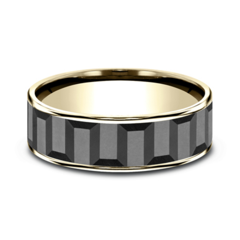 14K Gold and Tantalum 7.5mm – Gear Pattern Men’s Wedding Band Ammara Stone 10