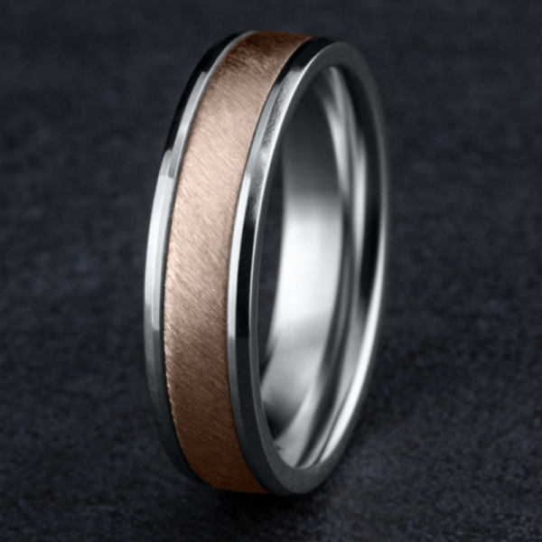 14K Two-Tone Gold 6mm - Diagonal Satin Men's Wedding Band - Image 3