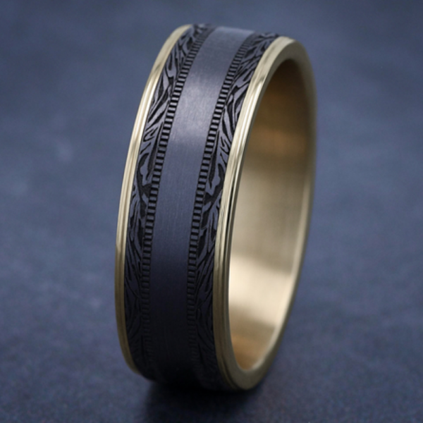 14K Gold and Tantalum 7.5mm - Satin Mokume Men's Wedding Band - Image 3
