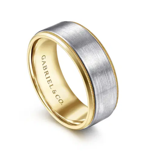 14K Two-Tone Gold 8mm - Satin Finish Milgrain Beveled Men's Wedding Band - Image 6