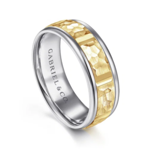 14K Two-Tone Gold 7mm - Hammered Station Men's Wedding Band