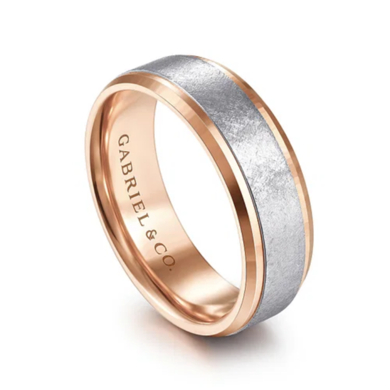 14K Two-Tone Gold 7mm – Diamond Scratch Beveled Men’s Wedding Band Gabriel 15
