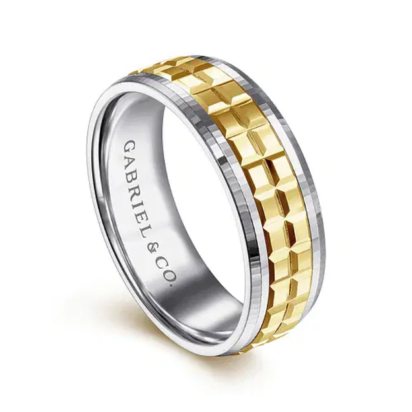 14K Two-Tone Gold 7mm - Square Carved Men's Wedding Band - Image 2