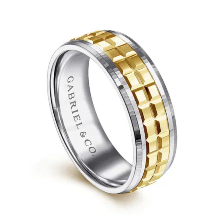 14K Two-Tone Gold 7mm – Square Carved Men’s Wedding Band Gabriel 41