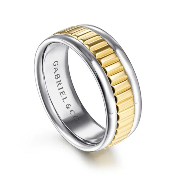 14K Two-Tone Gold 8mm - Carved High Polish Men's Wedding Band - Image 6