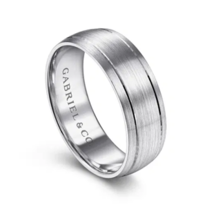 14K Gold 7mm - Satin Finish Grooved Accents Men's Wedding Band