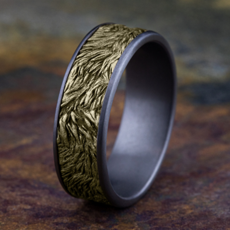 14K Gold and Tantalum 7.5mm – Lions Mane Men’s Wedding Band Ammara Stone 15