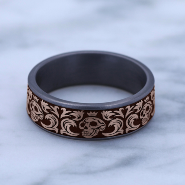 14K Gold and Tantalum 7.5mm - Skull Men's Wedding Band - Image 9