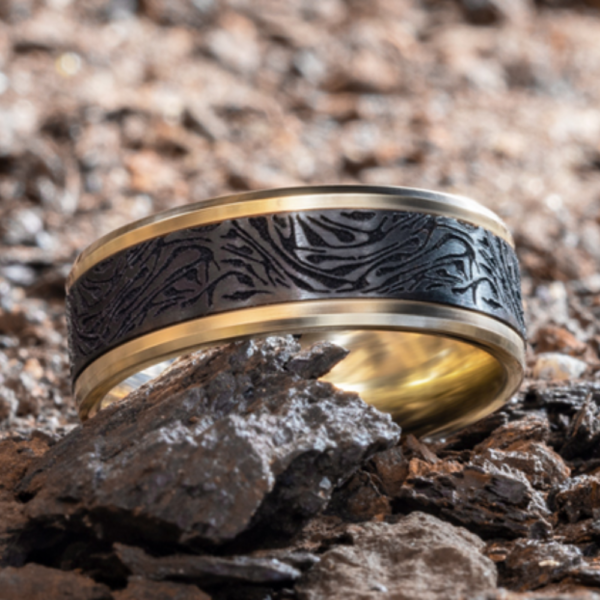 14K Gold and Black Titanium 8mm - Mokume Men's Wedding Band - Image 3
