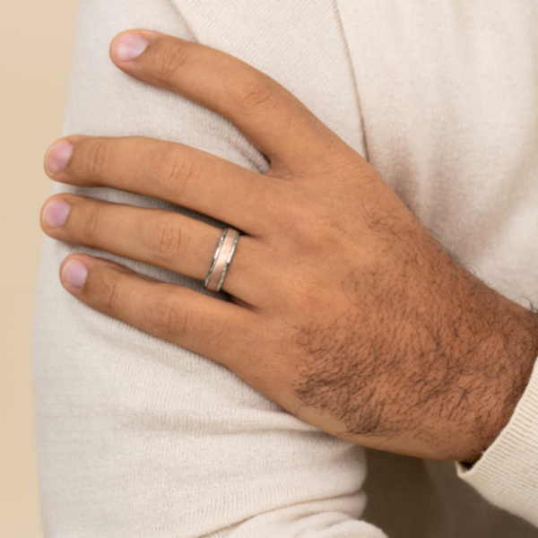 14K Two-Tone Gold 6mm - Diagonal Satin Men's Wedding Band - Image 4