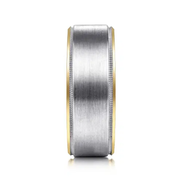 14K Two-Tone Gold 8mm - Satin Finish Milgrain Beveled Men's Wedding Band - Image 8