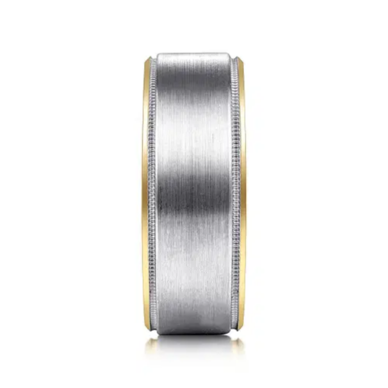 14K Two-Tone Gold 8mm – Satin Finish Milgrain Beveled Men’s Wedding Band Gabriel 21