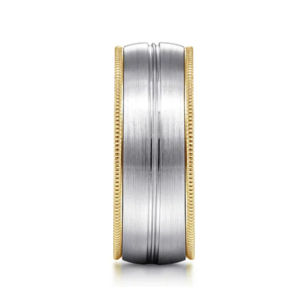 14K Two-Tone Gold 8mm - Grooved Center Milgrain Men's Wedding Band - Image 4