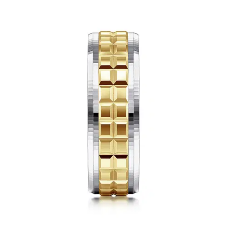 14K Two-Tone Gold 7mm – Square Carved Men’s Wedding Band Gabriel 43